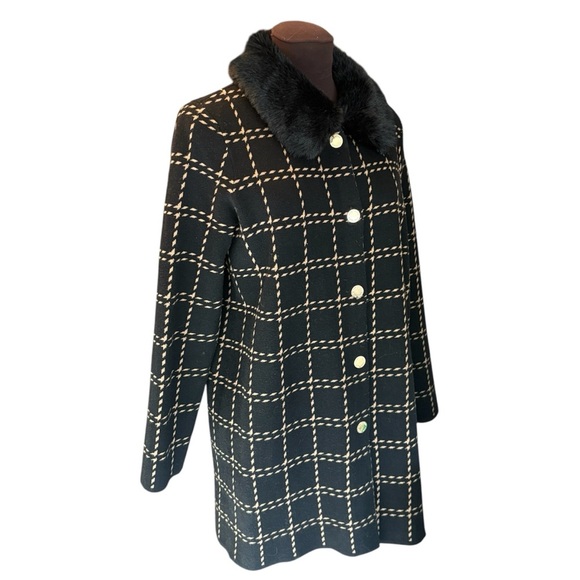 ANNE KLEIN Faux Fur Detachable Collar Plaid Knit Coat, Womens size Small - Picture 2 of 16